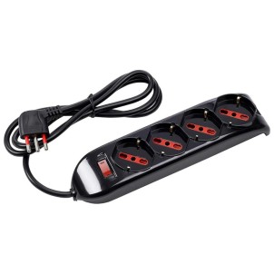 Rosi RS94073T Nero Ciabatta Elettrica 4 Prese Schuko-Bipasso Spina 90° 10A Interruttore Protezione Serie Emilia