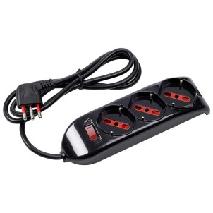 Rosi RS94002T Nero Ciabatta Elettrica 3 Prese Schuko-Bipasso Spina 90° 10A Interruttore Protezione Serie Emilia