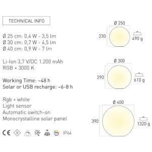 Century BLL-044000 Bolla 40cm RGB+White Lampada Terra Ricarica Solare 0,9W 7lm Dimmerabile Crepuscolare
