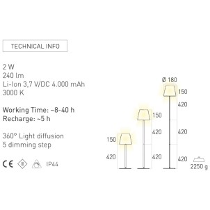 Century ALT-0215030 Altea White Lampada Terra Tavolo 3 Altezze 58-100-142cm Led 2W 240lm 3000K Dimmer Ricaricabile