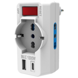 Ecova 30194 Bianco Multipla 3 posti 2 USB Interruttore Protezione 1 Schuko 2 Bivalenti USB-A USB-C Spina 10A