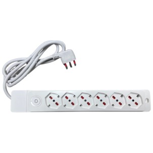 Rosi RS8622B Bianco Ciabatta Elettrica 6 Prese Schuko-Bipasso Spina 90° 16A Interruttore Bipolare Serie Emilia