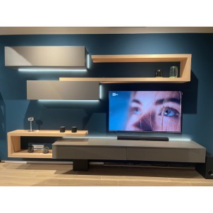 Favero Mobile Sospeso Visone Mensole Rovere Miele Contenitori Cassetto e Ribalta Illuminazione Led