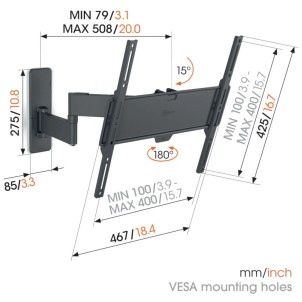 Vogel's TVM 1443 Black Staffa Muro TV32"-65" Max25Kg 3 snodi Vesa 100/400 Prof.7,9-50,8cm