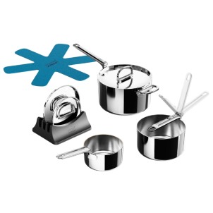 Joseph Joseph Space Steel Set di 3 Pentole 15-19-23 cm Inox Manico Pieghevole Coperchi x Gas Elettrico Induzione Forno
