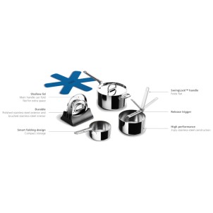 Joseph Joseph Space Steel Set di 3 Pentole 15-19-23 cm Inox Manico Pieghevole Coperchi x Gas Elettrico Induzione Forno