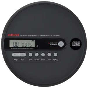 Aiwa PCP-1050 Black Lettore CD MP3 Portatile ESP 90sec Bluetooth Trasmitter Pile Ricaricabili 2xAA USB-C Custodia