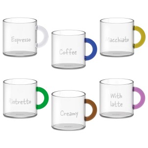 WD Lifestyle WD598 Set 6 Tazzine da Caffè 100ml Scritta Decorativa Vetro Borosilicato Manico Colorato