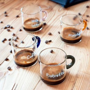 WD Lifestyle WD598 Set 6 Tazzine da Caffè 100ml Scritta Decorativa Vetro Borosilicato Manico Colorato