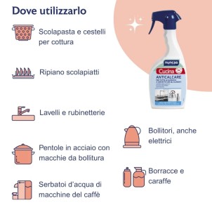 Nuncas Cucina Anticalcare 500ml Spray Pulisce e Igienizza le Superfici a Contatto con Alimenti